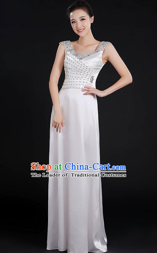Traditional Chinese Modern Dancing Compere Costume, Women Opening Classic Chorus Singing Group Dance Crystal Dress Uniforms, Modern Dance Classic Dance White Dress for Women