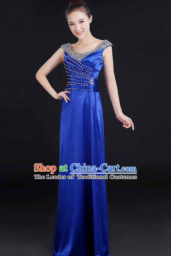 Traditional Chinese Modern Dancing Compere Costume, Women Opening Classic Chorus Singing Group Dance Crystal Dress Uniforms, Modern Dance Classic Dance Royalblue Dress for Women