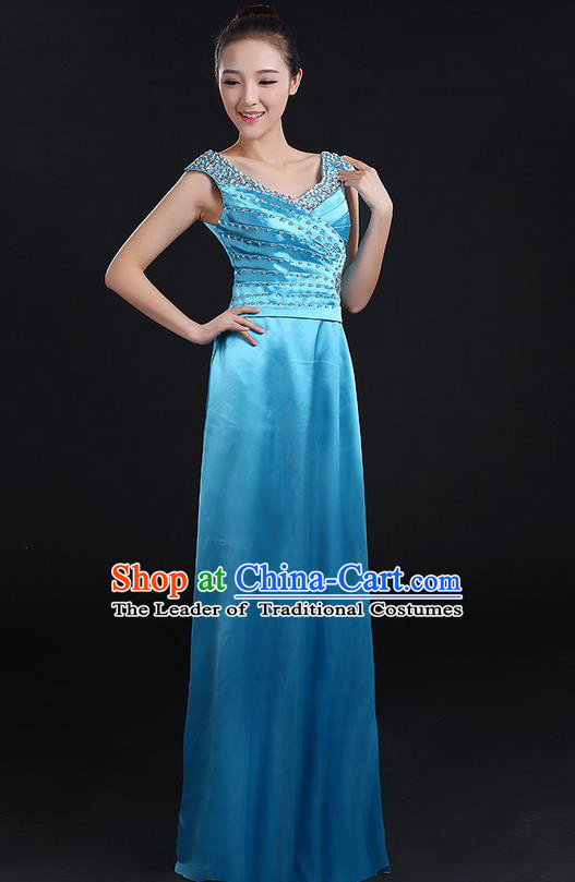 Traditional Chinese Modern Dancing Compere Costume, Women Opening Classic Chorus Singing Group Dance Crystal Dress Uniforms, Modern Dance Classic Dance Blue Dress for Women