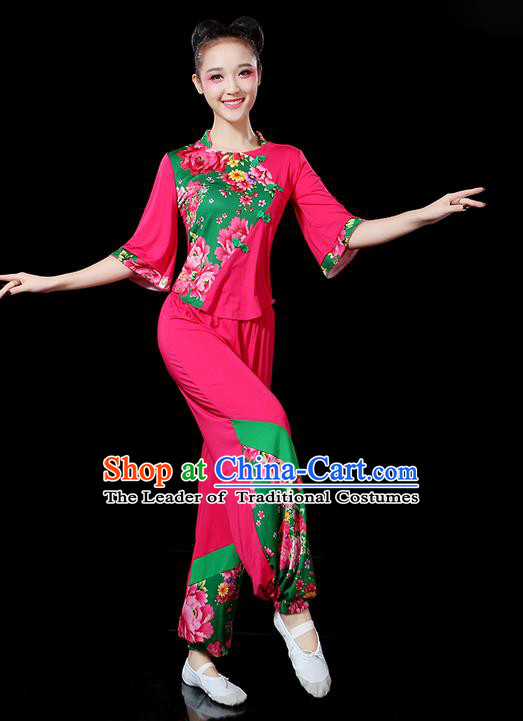 Traditional Chinese Yangge Fan Dancing Costume, Folk Dance Yangko Peony Uniforms, Classic Umbrella Dance Elegant Dress Drum Dance Pink Clothing for Women