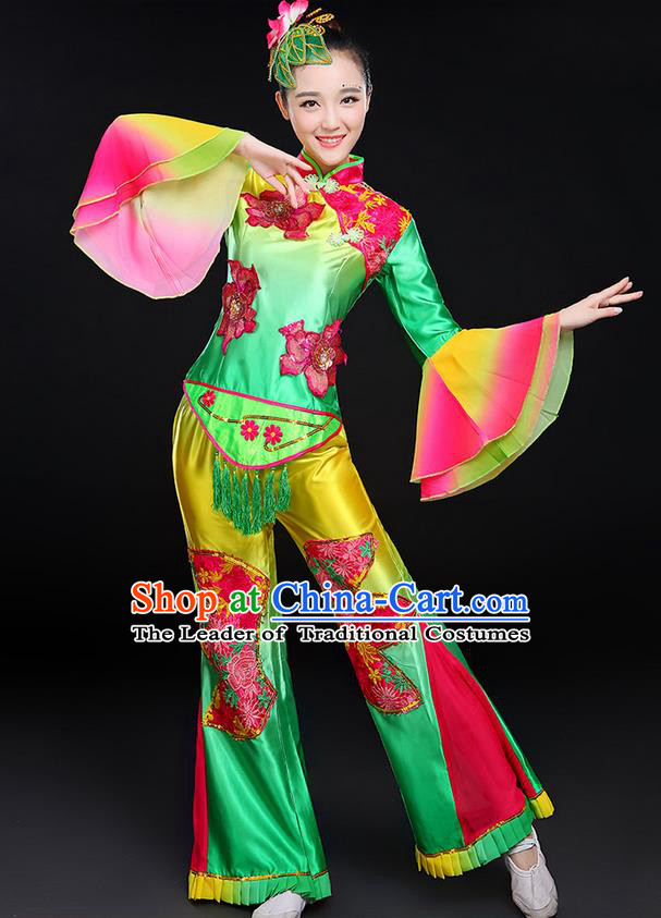 Traditional Chinese Yangge Fan Dancing Costume, Folk Dance Yangko Mandarin Sleeve Peony Uniforms, Classic Umbrella Dance Elegant Dress Drum Dance Clothing for Women