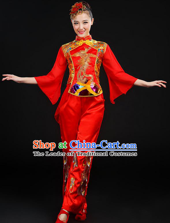 Traditional Chinese Yangge Fan Dancing Costume, Folk Dance Yangko Mandarin Sleeve Uniforms, Classic Umbrella Dance Elegant Dress Drum Dance Phoenix Clothing for Women