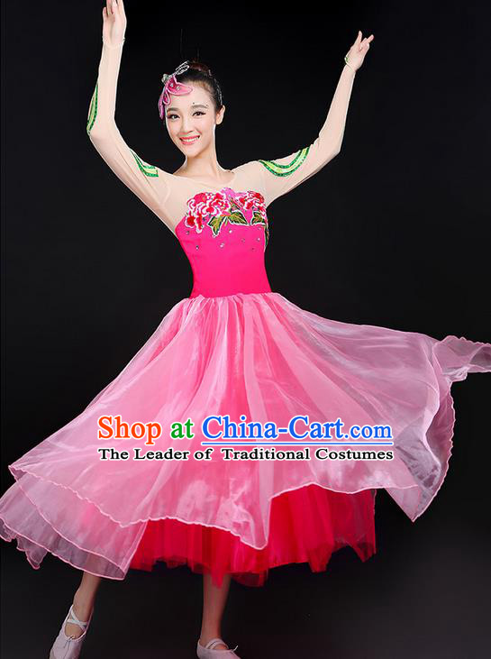 Traditional Chinese Yangge Fan Dancing Costume, Folk Dance Yangko Peony Uniforms, Classic Umbrella Dance Elegant Big Swing Dress Drum Dance Clothing for Women