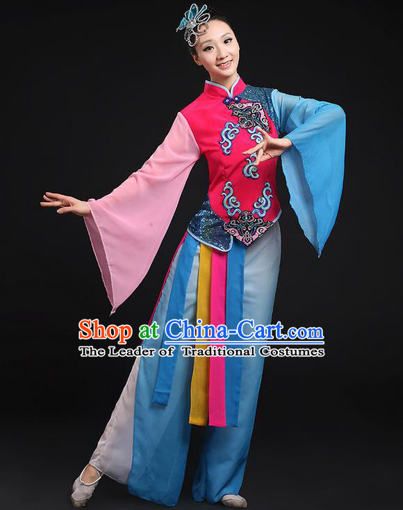 Traditional Chinese Yangge Fan Dancing Costume, Folk Dance Yangko Mandarin Sleeve Uniforms, Classic Umbrella Dance Elegant Dress Drum Dance Blue Clothing for Women