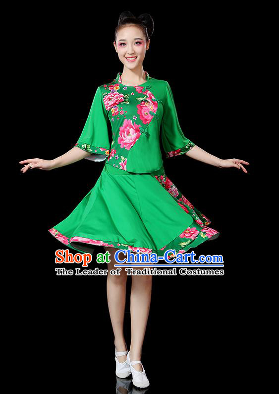 Traditional Chinese Yangge Fan Dancing Costume, Folk Dance Yangko Mandarin Sleeve Satin Peony Uniforms, Classic Umbrella Dance Elegant Dress Drum Dance Green Clothing for Women