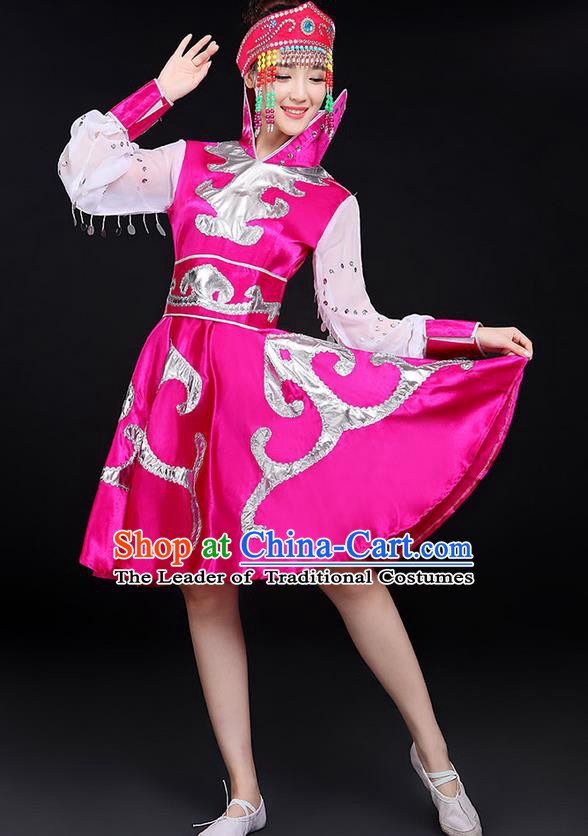 Traditional Chinese Mongol Nationality Dancing Costume, Mongols Female Folk Dance Ethnic Pink Skirt, Chinese Mongolian Minority Nationality Embroidery Costume for Women