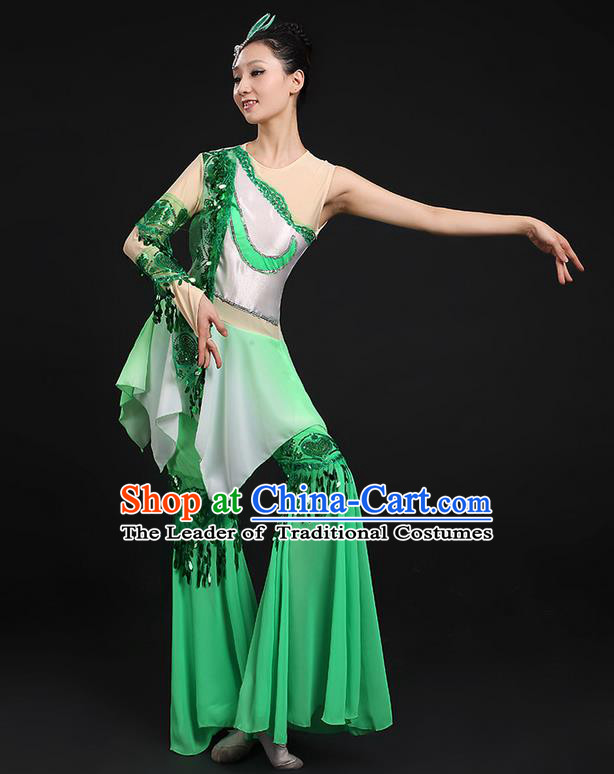 Traditional Chinese Yangge Fan Dancing Costume, Folk Dance Yangko Flowers Paillette Green Uniforms, Classic Umbrella Dance Elegant Dress Drum Dance Clothing for Women