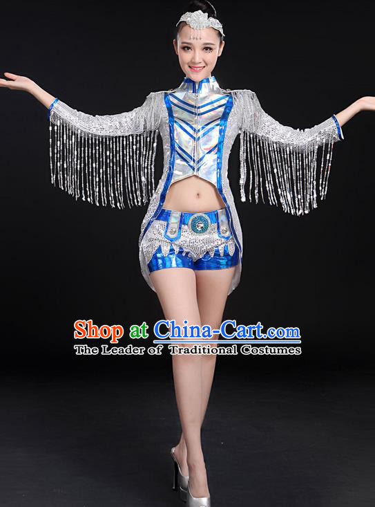 Traditional Chinese Modern Dancing Compere Costume, Women Opening Classic Jazz Dance Mandarin Collar Uniforms, Modern Dance Jazziness Dance Paillette Tassel Dress for Women