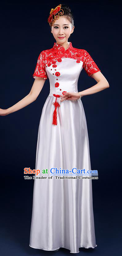 Traditional Chinese Style Modern Dancing Compere Costume, Women Opening Classic Chorus Singing Group Dance Blue and White Porcelain Uniforms, Modern Dance Classic Dance Red Lace Cheongsam Dress for Women