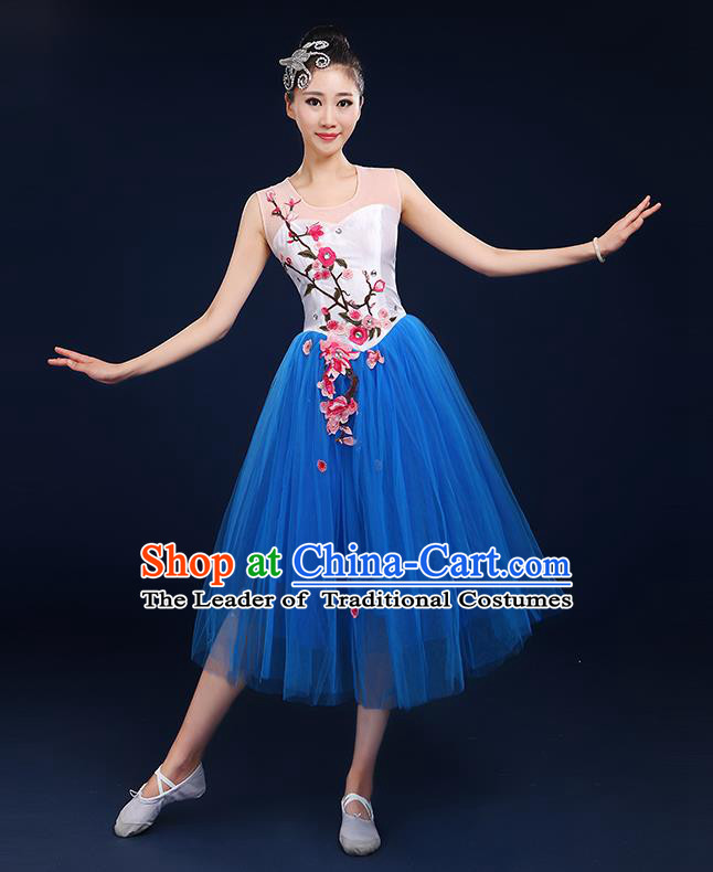 Traditional Chinese Modern Dancing Compere Costume, Women Opening Classic Chorus Singing Group Dance Embroider Plum Blossom Bubble Uniforms, Modern Dance Classic Dance Big Swing Blue Short Dress for Women