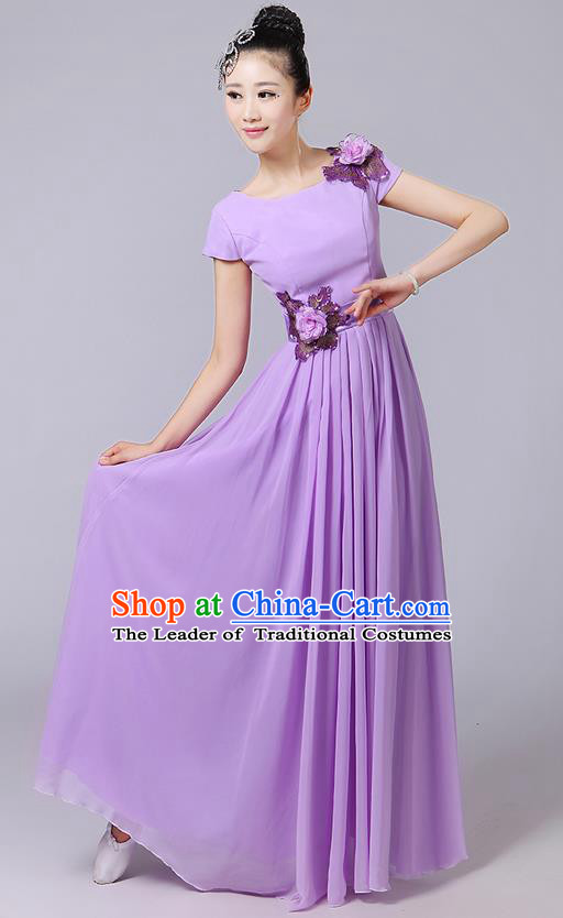 Traditional Chinese Modern Dancing Compere Costume, Women Opening Classic Chorus Singing Group Dance Uniforms, Modern Dance Classic Dance Big Swing Long Purple Full Dress for Women