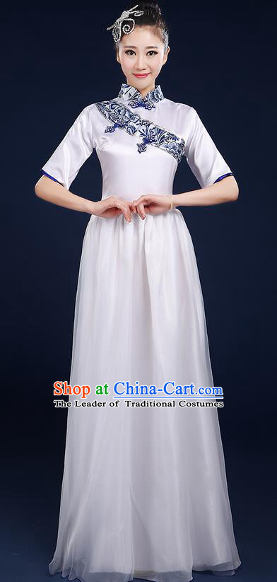 Traditional Chinese Style Modern Dancing Compere Costume, Women Opening Classic Chorus Singing Group Dance Blue and White Porcelain Uniforms, Modern Dance Classic Dance Cheongsam Dress for Women