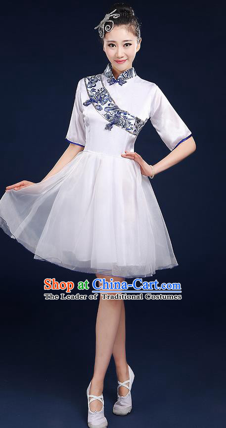Traditional Chinese Style Modern Dancing Compere Costume, Women Opening Classic Chorus Singing Group Dance Blue and White Porcelain Uniforms, Modern Dance Classic Dance Cheongsam Bubble Dress for Women