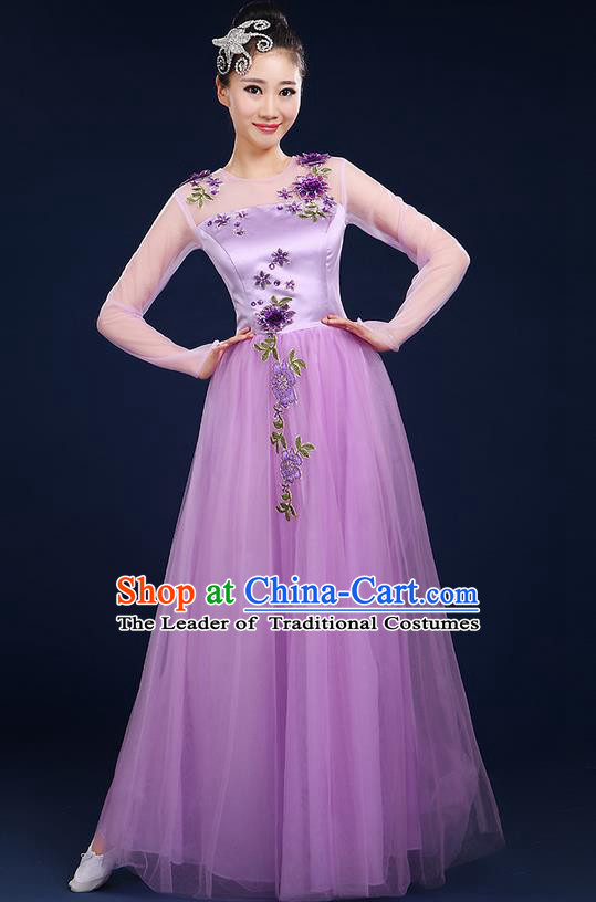 Traditional Chinese Modern Dancing Compere Costume, Women Opening Classic Chorus Singing Group Dance Bubble Uniforms, Modern Dance Classic Dance Big Swing Purple Dress for Women