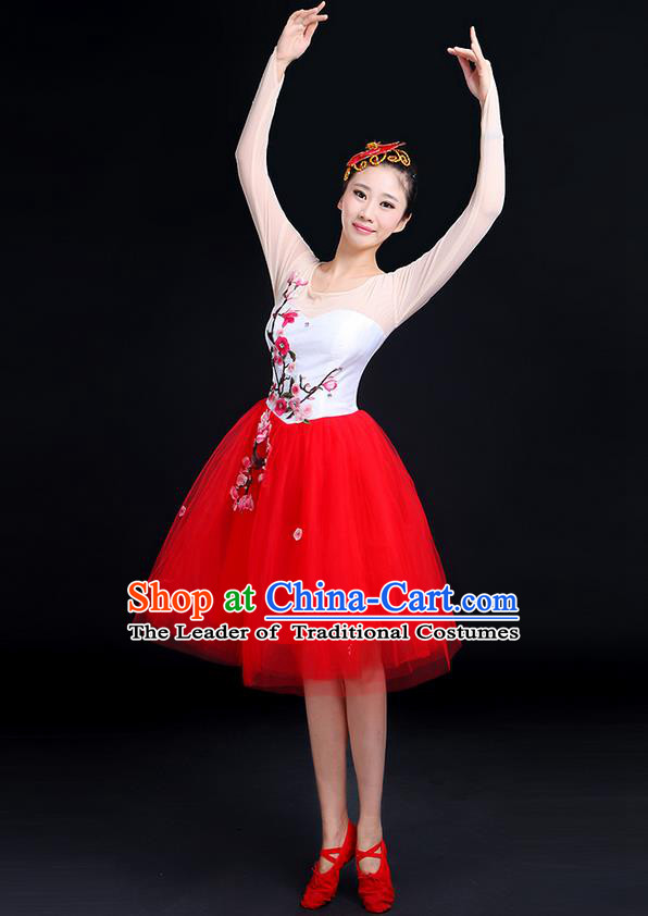 Traditional Chinese Modern Dancing Compere Costume, Women Opening Classic Chorus Singing Group Dance Embroider Plum Blossom Bubble Uniforms, Modern Dance Classic Dance Big Swing Red Short Dress for Women