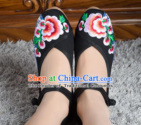 Traditional Chinese Shoes, China Handmade Linen Embroidered Flowers Black High-heeled Shoes, Ancient Princess Cloth Shoes for Women