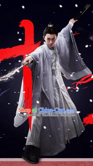 Traditional Ancient Chinese Elegant Swordsman Costume, Chinese Jiang hu Taoist Priest Dress, Cosplay Chinese Television Drama Jade Dynasty Qing Yun Faction Young Justice Hanfu Clothing for Men