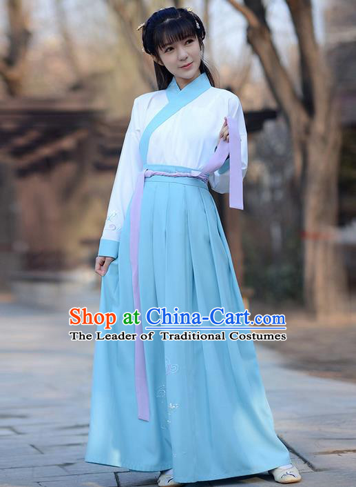 Traditional Ancient Chinese Young Lady Elegant Costume Embroidered Slant Opening Blouse and Blue Slip Skirt Complete Set , Elegant Hanfu Clothing Chinese Jin Dynasty Imperial Princess Clothing for Women