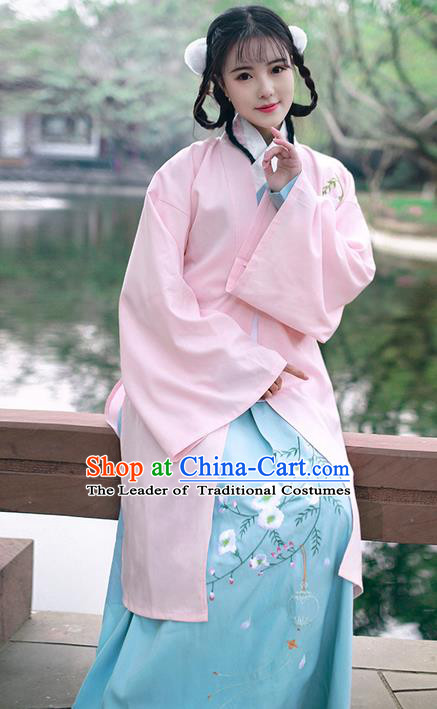 Traditional Ancient Chinese Young Lady Costume Embroidered Pink BeiZi, Elegant Hanfu Cardigan Unlined Garment Dress Chinese Ming Dynasty Imperial Princess Dress Cloak Clothing for Women