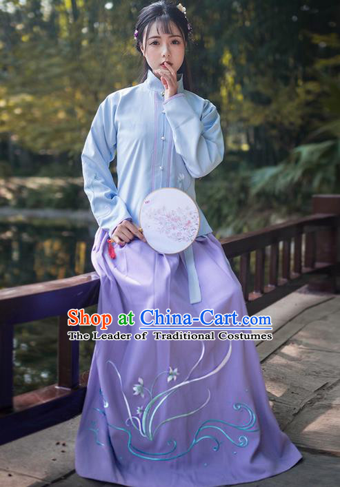 Traditional Ancient Chinese Young Lady Elegant Costume Embroidered Orchid Front Opening Blouse and Slip Skirt Complete Set, Elegant Hanfu Clothing Chinese Jin Dynasty Imperial Princess Clothing for Women