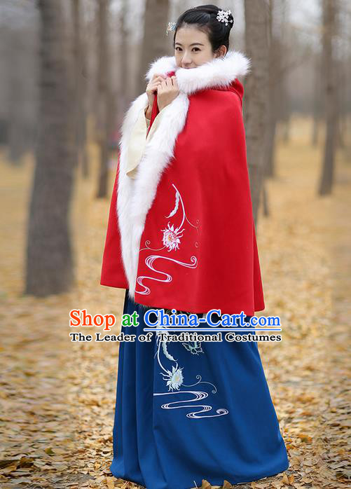 Traditional Chinese Ancient Ming Dynasty Princess Embroidered Wool Red Mantle Cape for Women