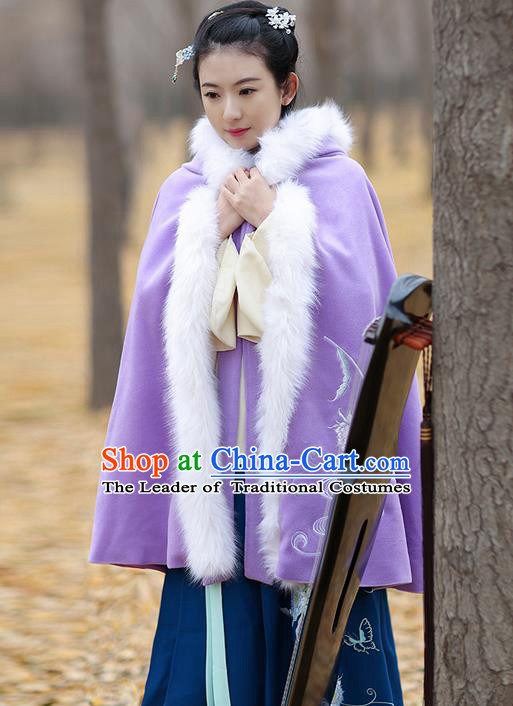 Traditional Chinese Ancient Ming Dynasty Princess Embroidered Wool Purple Mantle Cape for Women