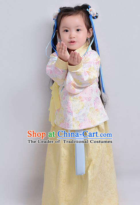 Traditional Ancient Chinese Children Elegant Costume Embroidered Slant Opening Blouse and Slip Skirt Complete Set, Elegant Hanfu Clothing Chinese Ming Dynasty Imperial Princess Clothing for Kids