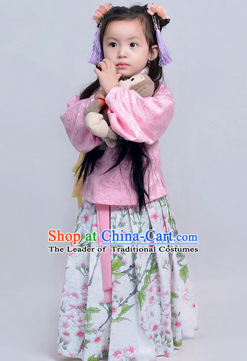 Traditional Ancient Chinese Children Girls Elegant Costume Embroidered Slant Opening Blouse and Slip Skirt Complete Set, Elegant Hanfu Clothing Chinese Ming Dynasty Imperial Princess Clothing for Kids