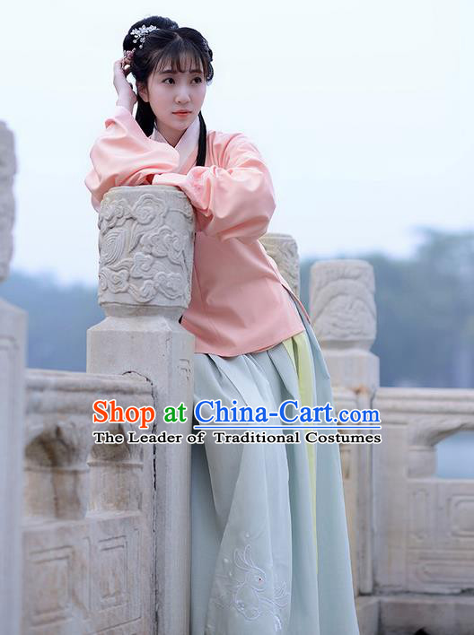 Traditional Ancient Chinese Young Lady Elegant Costume Slant Opening Blouse and Slip Skirt Complete Set, Elegant Hanfu Clothing Chinese Ming Dynasty Imperial Princess Clothing for Women