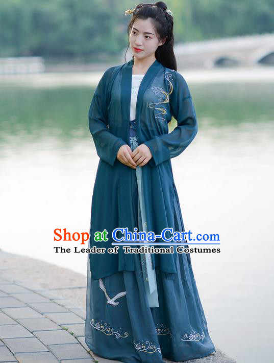 Traditional Ancient Chinese Young Lady Elegant Costume Embroidered Wide Sleeve Deep Green Cardigan, Elegant Hanfu Clothing Chinese Song Dynasty Imperial Princess Clothing for Women