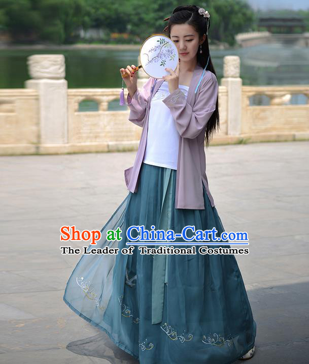Traditional Ancient Chinese Young Lady Costume Embroidered Cardigan Blouse Boob Tube Top and Slip Skirt Complete Set, Elegant Hanfu Suits Clothing Chinese Song Dynasty Imperial Princess Dress Clothing for Women