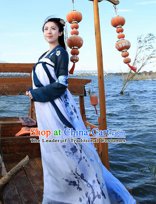 Traditional Ancient Chinese Young Lady Costume Embroidered Blouse and Ink Plum Blossom Slip Skirt Complete Set, Elegant Hanfu Suits Clothing Chinese Tang Dynasty Imperial Princess Dress Clothing for Women