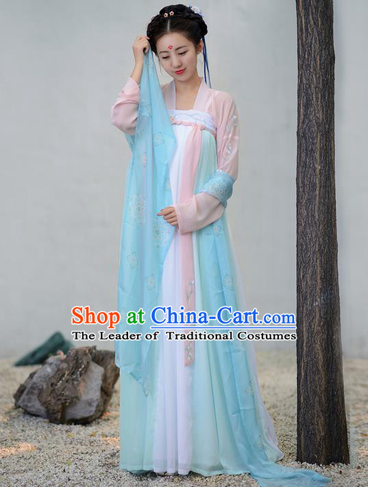 Traditional Ancient Chinese Young Lady Costume Embroidered Blouse and Slip Skirt Complete Set, Elegant Hanfu Suits Clothing Chinese Tang Dynasty Imperial Princess Dress Clothing for Women