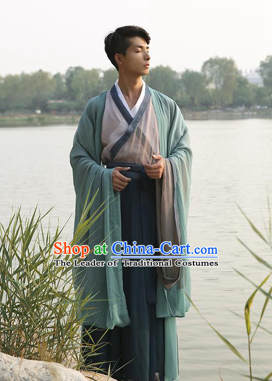 Traditional Ancient Chinese Elegant Costume Wide Sleeve Cardigan Slant Opening Blouse and Slip Skirt Complete Set, Elegant Hanfu Clothing Chinese Jin Dynasty Imperial Princess Clothing for Men
