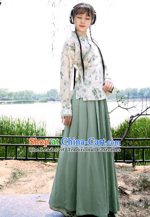 Traditional Ancient Chinese Young Lady Elegant Costume Linen Slant Opening Blouse and Slip Skirt Complete Set, Elegant Hanfu Clothing Chinese Ming Dynasty Imperial Princess Clothing for Women
