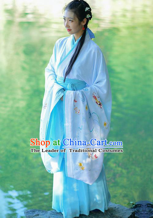 Traditional Ancient Chinese Young Lady Costume Embroidered White Song Fringing and Belt, Elegant Hanfu Curving-Front Unlined Garment Dress Chinese Han Dynasty Imperial Princess Dress Clothing for Women