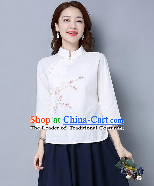 Traditional Chinese National Costume, Elegant Hanfu White Slant Opening Stand Collar Blouse, China Tang Suit Retro Plated Buttons Chirpaur Blouse Cheong-sam Upper Outer Garment Qipao Shirts Clothing for Women