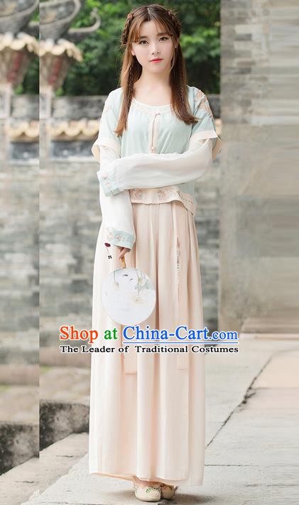 Traditional Ancient Chinese Young Lady Costume Embroidered Half-Sleeves Blouse and Slip Skirt, Elegant Hanfu Suits Clothing Chinese Ming Dynasty Imperial Princess Dress Clothing for Women