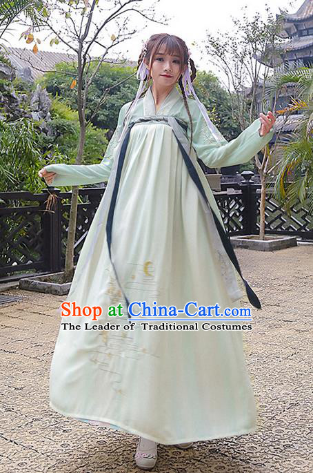 Traditional Ancient Chinese Costume, Elegant Hanfu Clothing Embroidered Slant Opening Green Blouse and Slip Dress, China Tang Dynasty Princess Elegant Blouse and Skirt Complete Set for Women