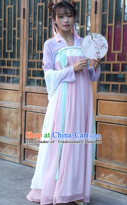 Traditional Ancient Chinese Young Lady Costume Embroidered Blouse and Tube Slip Skirt Complete Set, Elegant Hanfu Suits Clothing Chinese Tang Dynasty Imperial Princess Dress Clothing for Women