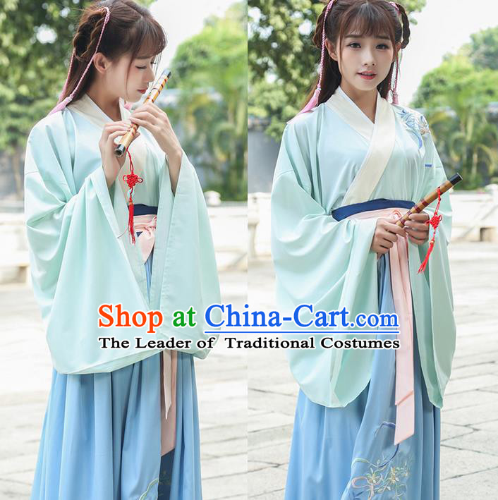 Traditional Ancient Chinese Young Lady Costume Embroidered Wide Sleeve Cardigan Blouse Belt and Slip Skirt Complete Set, Elegant Hanfu Suits Clothing Chinese Tang Dynasty Imperial Princess Dress Clothing for Women