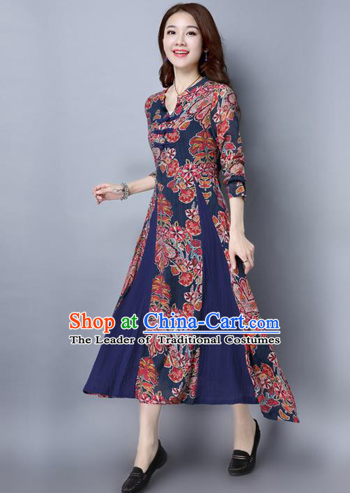 Traditional Chinese National Costume, Elegant Hanfu Embroidery Stand Collar Navy Dress, China Tang Suit Cheongsam Upper Outer Garment Elegant Dress Clothing for Women