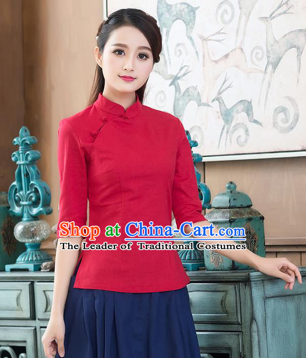 Traditional Chinese National Costume, Elegant Hanfu Linen Plated Buttons Stand Collar Red Blouse, China Tang Suit Cheongsam Shirts Upper Outer Garment Elegant Blouses for Women
