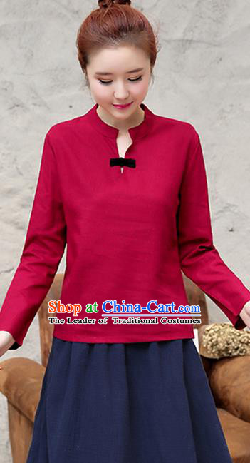 Traditional Chinese National Costume, Elegant Hanfu Stand Collar Red T-Shirt, China Tang Suit Republic of China Plated Buttons Chirpaur Blouse Cheong-sam Upper Outer Garment Qipao Shirts Clothing for Women