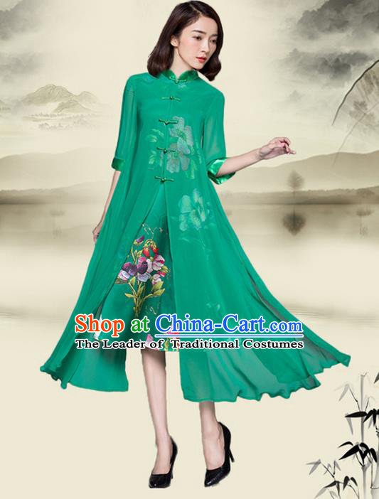 Traditional Ancient Chinese National Costume, Elegant Hanfu Mandarin Qipao Plated Buttons Printing Cheongsam Green Dress, China Tang Suit Upper Outer Garment Elegant Dress Clothing for Women