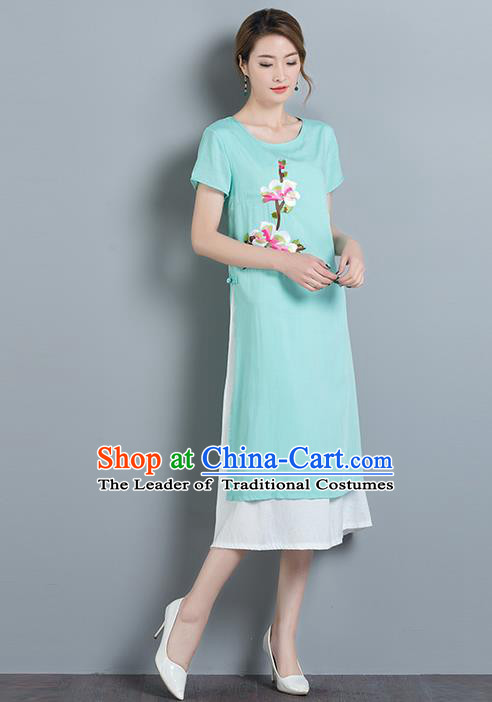 Traditional Ancient Chinese National Costume, Elegant Hanfu Qipao Embroidered Blue Dress, China Tang Suit Cheongsam Upper Outer Garment Elegant Dress Clothing for Women