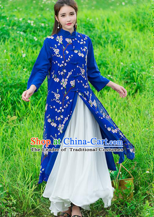 Traditional Ancient Chinese National Costume, Elegant Hanfu Stand Collar Embroidered Blue Double-deck Coat Robes, China Tang Suit Plated Buttons Cape, Upper Outer Garment Dust Coat Clothing for Women