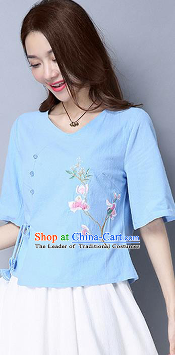 Traditional Chinese National Costume, Elegant Hanfu Embroidered Flowers Slant Opening Blue T-Shirt, China Tang Suit Republic of China Chirpaur Blouse Cheong-sam Upper Outer Garment Qipao Shirts Clothing for Women