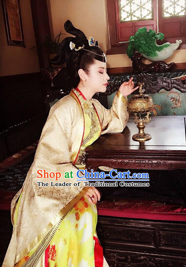 Traditional Ancient Chinese Imperial Consort Costume, Elegant Hanfu Clothing Chinese Ming Dynasty Imperial Empress Tailing Embroidered Clothing, Cosplay Chinese Television Drama Flying Daggers Queen Hanfu Clothing for Women
