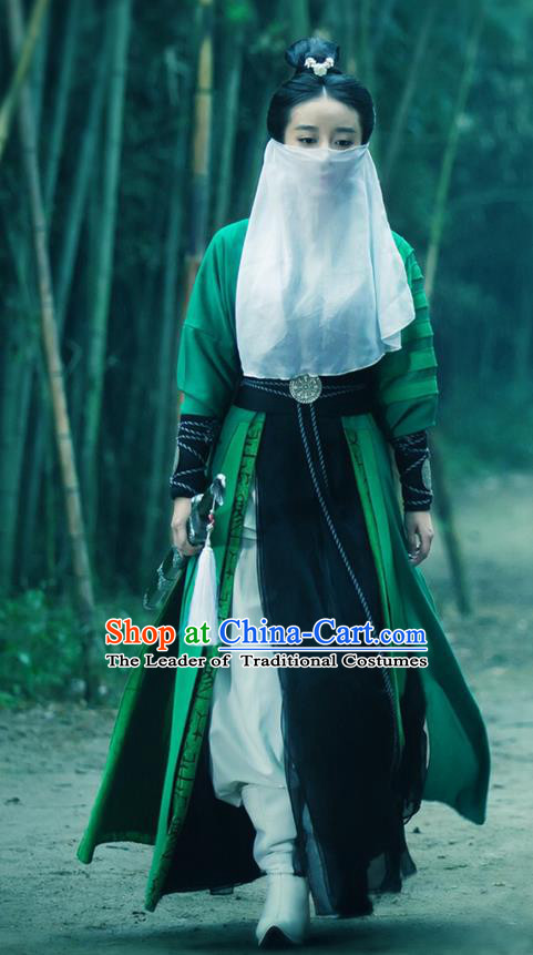 Traditional Ancient Chinese Chivalrous Swordswoman Costume and Mask Veil Complete Set, Chinese Ming Dynasty Chivalrous Woman Dress, Cosplay Chinese Television Drama Flying Daggers Heroine Hanfu Trailing Embroidery Clothing for Women